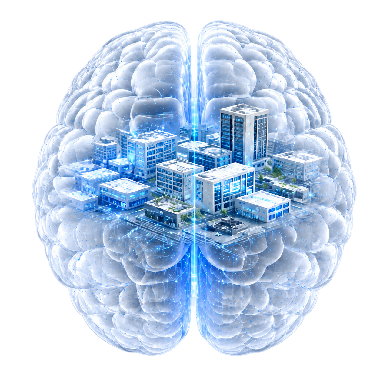 A translucent digital brain containing an interconnected company campus